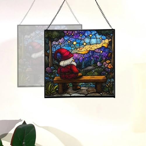 Gnome Stargazer Bench Stained Glass Suncatcher – Square Hanging Window Panel for Home or Greenhouse – Whimsical Glass Art Gift for Garden Lovers, Christmas, Halloween, Father Days RnUNeB - Image 4