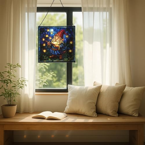 Firefly Song Gnome Stained Glass Suncatcher – Square Hanging Window Panel for Home or Greenhouse – Whimsical Glass Art Gift for Garden Lovers, Christmas, Halloween, Father Days tuXz8P - Image 7