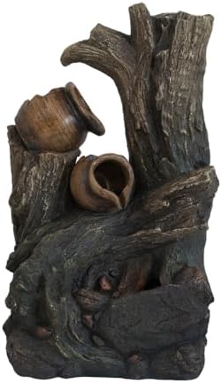 Tree Stump Pot Fountain: 4-Tier Rustic LED Water Feature for Indoor/Outdoor Decoration - Natural Resin Design with Aged Brown Finish for Farmhouse & Bohemian Spaces by espidoo
