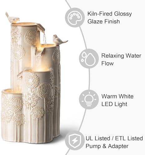 Glitzhome 31.75" H Ceramic Outdoor Water Fountain with LED Lights, 4-Tier Vase Outdoor Fountain, Sand Beige Glaze,Dandelion Texture, Bird Bath Cascading Waterfall for Garden, Patio, or Porch - Image 4
