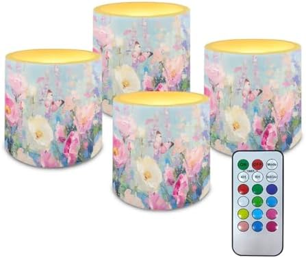 Flameless LED Lights Candles Oil Painting Flower Butterfly Pattern 4 Pieces Battery Powered LED Candles with Remote for Valentine Party Wedding Birthday Party Outdoor by Unknown