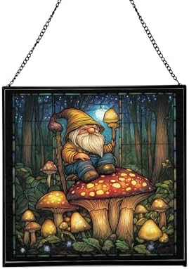Garden Toad Gnome Stained Glass Suncatcher – Square Hanging Window Panel for Home or Greenhouse – Whimsical Glass Art Gift for Garden Lovers, Christmas, Halloween, Father Days ztAlXH by Custom