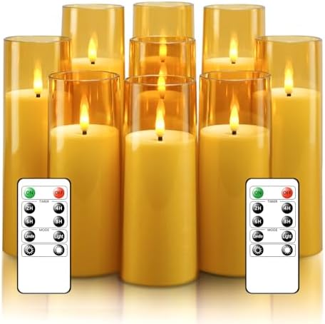 kakoya Flickering Flameless Candles Battery Operated with Remote and 2/4/6/8 H Timer Acrylic Led Pillar Candles Pack of 9 (appr D2.3"xH5.5"6.5"7.5")with Realistic 3D Wick Candles for Home Decor(Gold) by FLAMELESSCANDLES