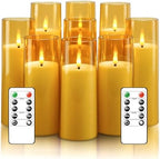 kakoya Flickering Flameless Candles Battery Operated with Remote and 2/4/6/8 H Timer Acrylic Led Pillar Candles Pack of 9 (appr D2.3"xH5.5"6.5"7.5")with Realistic 3D Wick Candles for Home Decor(Gold) by FLAMELESSCANDLES
