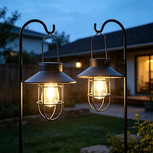 Solar Lanterns Outdoor Waterproof,4pack Hanging Solar Lights Lantern Lamp with Shepherd Hook, Metal Waterproof Edison Bulb Lights for Garden Outdoor Pathway - Image 7