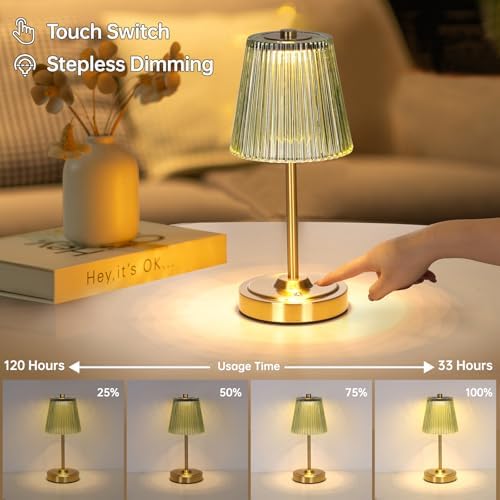 Shenmoyl Set of 2 Cordless Touch Table Lamp with 5200mAh Battery - 3 Adjustable Color Temperatures & Dimmable, Rechargeable Lamp for Bedsides, Living Room, Entryway, Bookshelves (Green Stripe) - Image 2