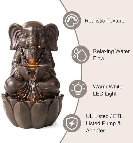 Glitzhome Outdoor Fountains, Water Fountains Outdoor with Lights&Pump, 21.75" H 2-Tiered Zen-Style Bronze Polyresin Elephant Garden Fountain Floor Standing Waterfall for Patio, Porch, or Yard Decor - Image 3
