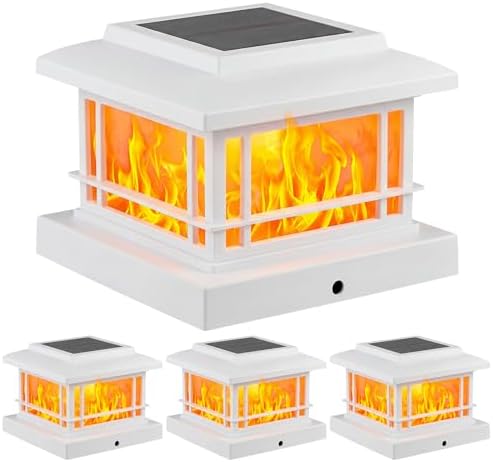 JOFIOS Flickering Flame Solar Post Cap Lights Outdoor, White Post Lights with 3 Color Temperature, Fits 3.5" 4" 4.5" 5" Wood/Vinyl Posts, IP64 Waterproof Fence Deck Lights for Garden Patio Yard 4 Pack by JOFIOS