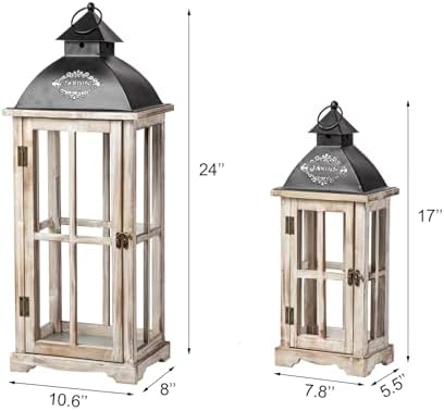 Set of 2 Large Decorative Wooden Metal Lanterns, Farmhouse Rustic Floor Candle Lanterns, Indoor/Outdoor Hanging Lanterns for Home Decor (No Glass) - Image 5
