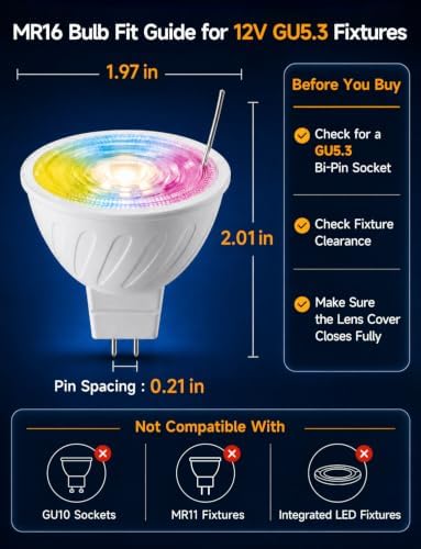 Gardenreet RGBCW MR16 LED Bulb, 12V Low Voltage Dimmable Halogen Replacement for Outdoor Landscape Lighting & Indoor Accent, Color Changing & Warm White, 5W GU5.3 Bi-Pin, Bluetooth Mesh 65ft, 6 Pack - Image 4