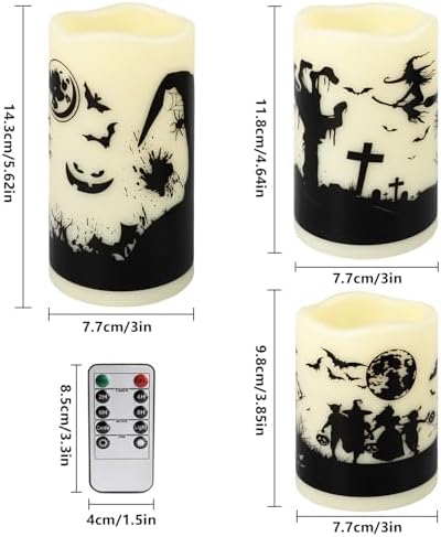 fclayvts 12-Pack Halloween LED Flameless Pillar Candles - Battery Operated with Remote & Timer, Flickering Warm Light, Witch/Bats/Castle Decals - Spooky Halloween Decor, Ghost Party Supplies, Gifts - Image 3