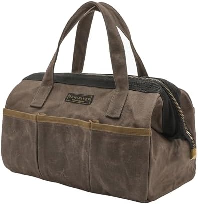 Tool Bag, 13-inch Heavy Duty 16oz Waxed Canvas Wide Mouth Water-Resistant Tool Pouch, Tool Tote with Handle for Tools, Wrenches, Screwdrivers (13 X 7.8 X 9 inch) | Grey by Denifiter