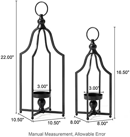 Glitzhome Set of 2 Modern Farmhouse Black Metal Lanterns Decorative Hanging Candle Lanterns for Indoor Outdoor Small&Large (No Glass) - Image 4