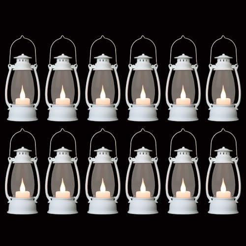 12Pcs Mini White Lanterns for Western Halloween Christmas – 6Inch Candle Lanterns with Flickering LED, Wedding Centerpiece Table Decorations, Camping Decor & Hanging Ornaments for Rustic Party by ReperlaSpecialMiniSmallLanternDecoration