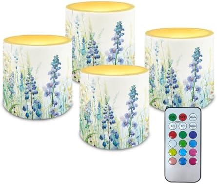 Floral Green Leaves Flameless Candles with Remote and Timers Flickering Battery Operated Candles 4 Pack Outdoor Flameless LED Pillar Tea Lights for Wedding Home Decorations by Merkmak