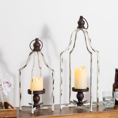 Glitzhome Set of 2 Modern Farmhouse Outdoor Lantern Decor- Metal Candle Lanterns for Christmas- Decorative Lanterns for Living Room,Home,Indoor, Outdoor,Table,Fireplace Mantle Decor White Small&Large by Glitzhome