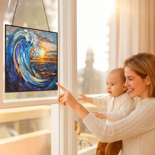 Rectangle Art Nouveau Spiral Great Wave Stained Glass Window Hanging, 15" W X 11" H Stained Glass Panel with Chain, Suncatchers for Windows Hanging Decorations, Gifts for Mom, Grandma - Image 5