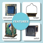 Solar Lantern Stained Glass Vibrant Blue Green Feathers Among White Blossoms Outdoor Waterproof Garden Hanging Lantern Solar Powered Lighting Outside Table Lamp for Patio Deck Camping 1 Pack - Image 4