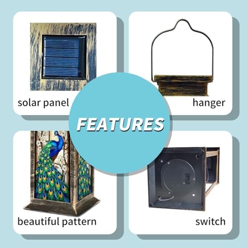 Solar Lantern Stained Glass Vibrant Blue Green Feathers Among White Blossoms Outdoor Waterproof Garden Hanging Lantern Solar Powered Lighting Outside Table Lamp for Patio Deck Camping 1 Pack - Image 4