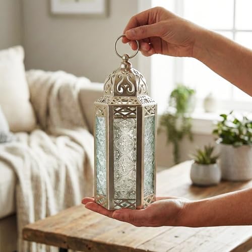 Vela Lanterns Decorative Indoor Moroccan Candle Holder, White Gold, M, 2PK - Image 3