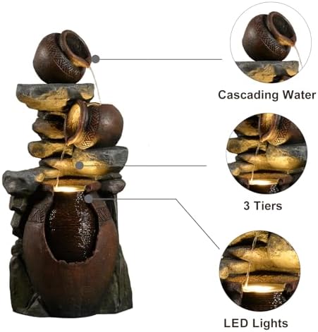 Garden Water Fountain Outdoor Decor - 38.4" 3 Tier Standing Cascading Waterfall Outdoor Water Fountain with LED Lights & Pumps,Natural Design for Garden,Patio, Porch, Backyard, Home Art Decor - Image 3