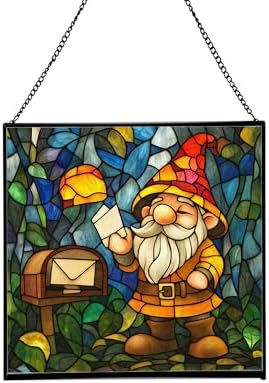 Gnome Mail Delivery Stained Glass Suncatcher – Square Hanging Window Panel for Home or Greenhouse – Whimsical Glass Art Gift for Garden Lovers, Christmas, Halloween, Father Days wzepyO by Custom