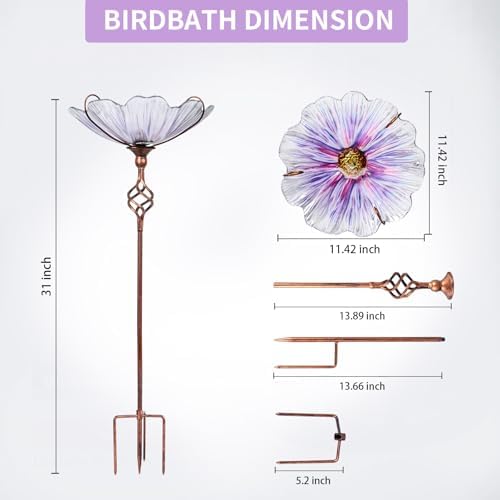 MUMTOP Glass Birdbath Birdfeeder with Metal Stake Garden Outdoor Purple - Image 4