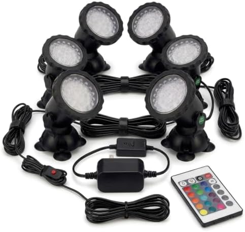 PondScape Submersible LED Pond Lights with Remote Control, 16 Color Changing Underwater Lights for Ponds, Waterfalls, Fountains, Water Features and Aquariums, Adjustable Stands (6 Light Kit) by Pondscape