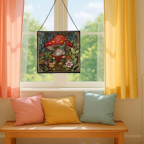 Gnome in Mushroom Hollow Stained Glass Suncatcher – Square Hanging Window Panel for Home or Greenhouse – Whimsical Glass Art Gift for Garden Lovers, Christmas, Halloween, Father Days FpWUpN - Image 5