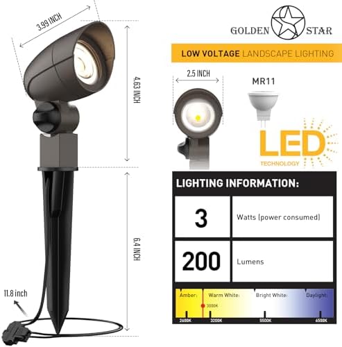 GOLDEN STAR Low Voltage Landscape Lights 3W LED Outdoor Landscape Floodlight 12V Bronze Waterproof 200Lumen Spotlight 3000K Warm White Outdoor Lighting with Stake & Connector for Yard Garden Tree 2PK - Image 3