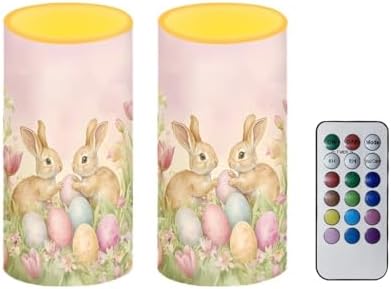 Set of 2 Easter Day Flameless Candles Bulk Battery Operated Candles with Timer Remote Easter Eggs Cute Bunny LED Pillar Lights for Indoor Outdoor Party Dining Table Decoration by Merkmak