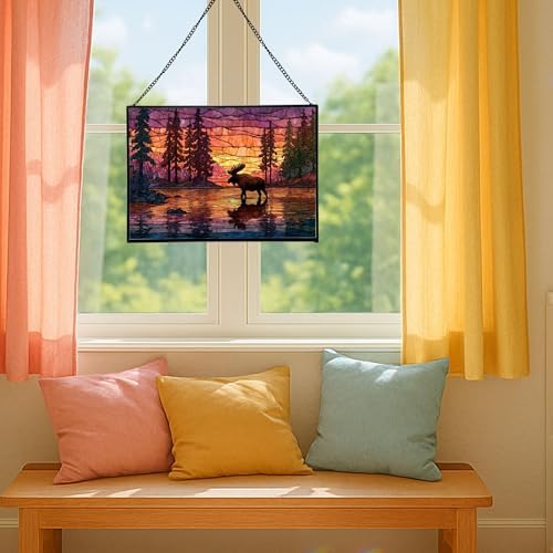 Moose Wading Through Shimmering Lake Rectangular Stained Glass Suncatcher – Hanging Window Panel with Animal & Nature Scene – Vibrant Glass Art Gift for Wildlife, Fantasy, Nature Lovers Id2VhA - Image 5