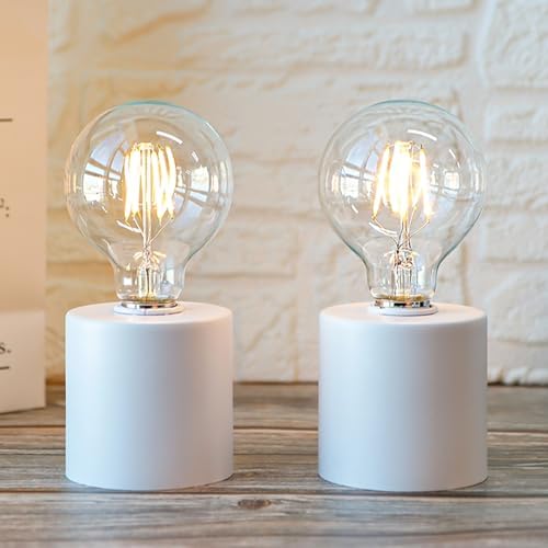 JHY DESIGN Set of 2 White Table Lamp Battery Powered 7" Tall Cordless Lamp Light with Edison Style Bulb Battery Operated Great for Living Room Bedroom Weddings Parties Patio Events - Image 3