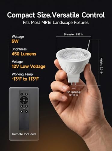 Gardenreet MR16 LED Light Bulb, 5W Tunable White 2700K-6500K with Remote, 450 Lumens Dimmable, GU5.3 Bi-Pin 12V Low Voltage Bulbs for Enclosed Outdoor Landscape Spotlights, 45° Beam Angel, 6 Pack - Image 3