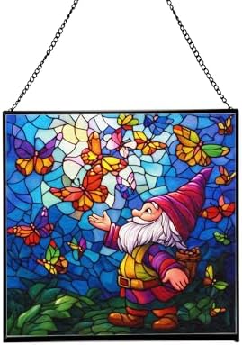 Gnome with Butterfly Friends Stained Glass Suncatcher – Square Hanging Window Panel for Home or Greenhouse – Whimsical Glass Art Gift for Garden Lovers, Christmas, Halloween, Father Days hacxzw by Custom