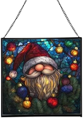 Holiday Lights Gnome Stained Glass Suncatcher – Square Hanging Window Panel for Home or Greenhouse – Whimsical Glass Art Gift for Garden Lovers, Christmas, Halloween, Father Days Sbhi0e by Custom