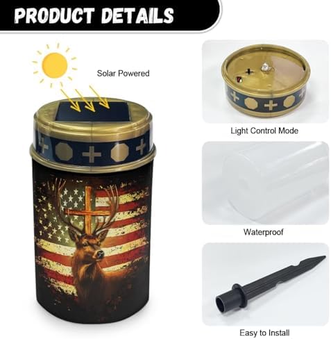 Poceacles Deer American Flag Vintage Pattern Solar Lights Outdoor Solar Powered Outdoor Cemetery Stake Candle Grave Lamp Landscape Lighting Waterproof Grave Flameless Candle, Pack of 2 - Image 7