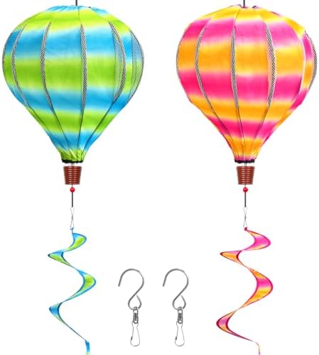 2PCS Giant Rainbow Hot Air Balloon Wind Spinners 14" W x 59" H Large Multicolor Whirligig Wind Spinner Hanging Ornaments for Yard Garden Lawn Outdoor Decorations(Pink&Green) by DECEED
