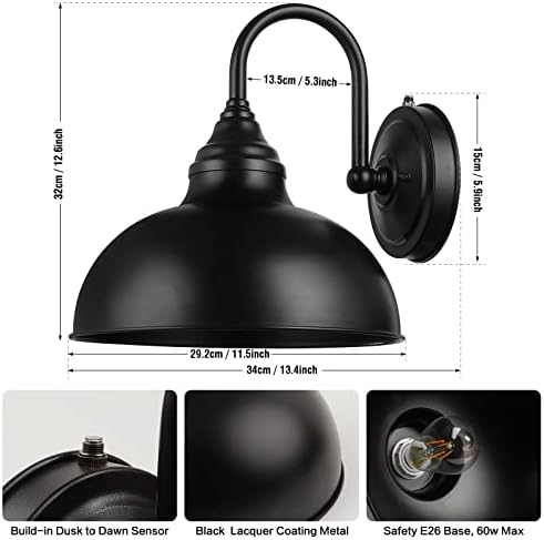 Barn Light Gooseneck Light- Dusk to Dawn Farmhouse Outdoor Lighting, 1-Light Outdoor Gooseneck Lighting with Sensor Farmhouse Wall Sconce for Patio Porch Garage (11.8" Diameter, 1pc) - Image 3