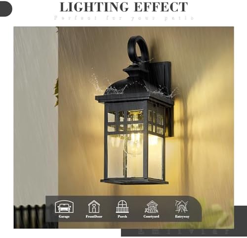 Emliviar 15" Outdoor Porch Lights 2 Pack, Outdoor Wall Lights for House, Seeded Glass Shade, Black Finish, DE279B-2PK BK - Image 5