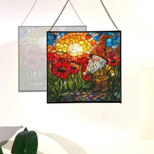 Gnome with Poppy Field Stained Glass Suncatcher – Square Hanging Window Panel for Home or Greenhouse – Whimsical Glass Art Gift for Garden Lovers, Christmas, Halloween, Father Days wWvZmC - Image 4