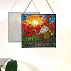 Gnome with Poppy Field Stained Glass Suncatcher – Square Hanging Window Panel for Home or Greenhouse – Whimsical Glass Art Gift for Garden Lovers, Christmas, Halloween, Father Days wWvZmC - Image 4