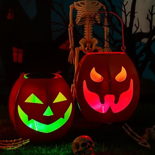 VIHOSE 2 Pcs Halloween Solar Pumpkins Lantern Lights for Hanging - Image 3