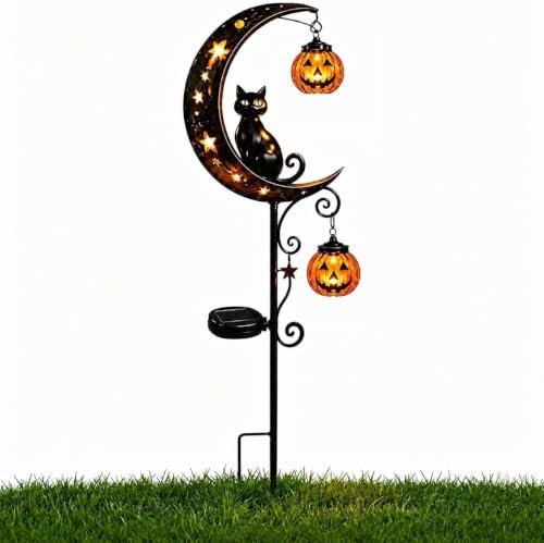 Solar Halloween Black Cat & Pumpkin Moon Garden Stake Light, Waterproof Metal Black Cat Yard Ornament with Hanging Pumpkin Lantern, Outdoor Spooky Decor for Garden, Patio, Lawn, Pathway by Muhubaih
