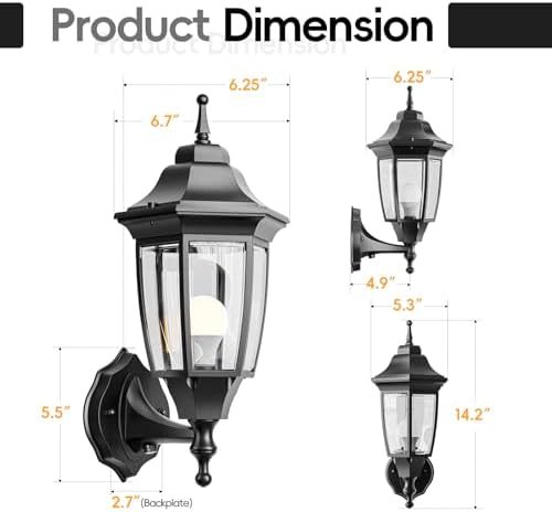 EMART Dusk to Dawn Outdoor Porch Light with Bulb, Wall Lamp(2 Pack, Black) - Image 2