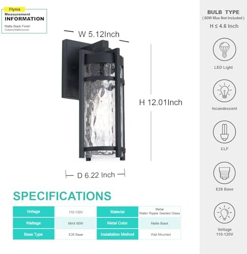 Outdoor Wall Light Fixtures, Waterproof Front Porch Light, Modern Exterior Lighting with E26 Socket, Wall Sconce Lantern Lamp, Black Outside Light for Front Door, House, Garage, Patio (2 Pack) - Image 6