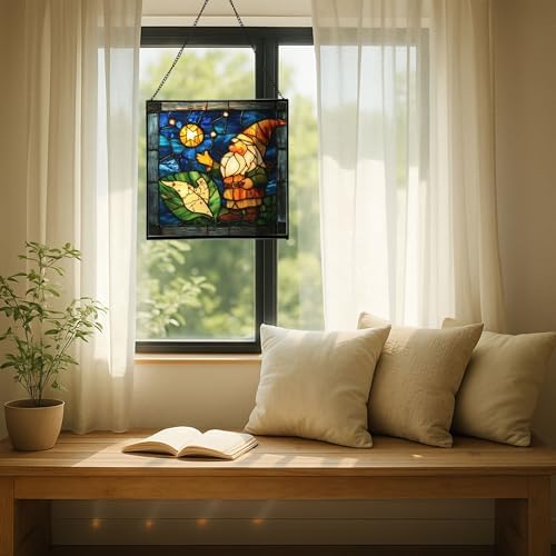 Gnome with Night Sky map Stained Glass Suncatcher – Square Hanging Window Panel for Home, Garden, Nursery, Halloween, Christmas, Memorial Day – Whimsical Glass Art Gift for Gnome Lovers uieqyf - Image 7