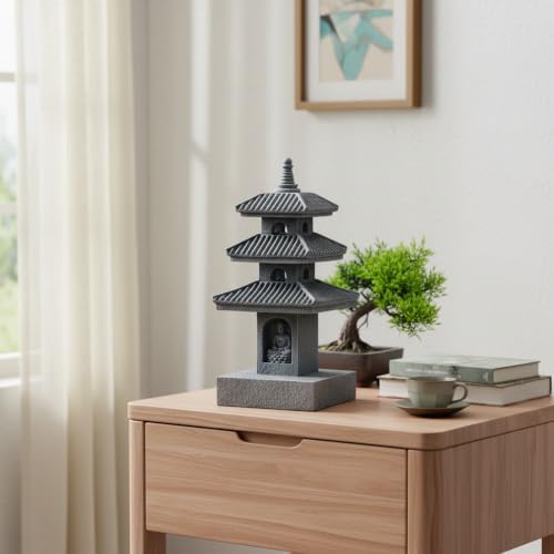 3-Tier Buddhist Pagoda Tower Statue, Gray Resin Figurine - Image 3