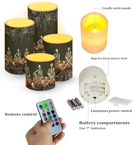 Halloween Skeleton Pumpkin Battery Operated LED Candles with Timer Flameless Candles with Remote 4Pcs Outdoor Lanterns Indoor Outdoor Trick or Treat Party Home Decorations - Image 2
