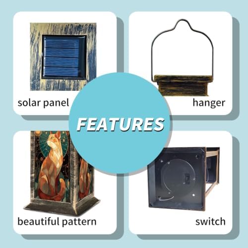 Solar Lantern Stained Glass Cat Mandala Wall Outdoor Waterproof Garden Hanging Lantern Solar Powered Lighting Outside Solar Light for Patio Yard Camping, Gifts for Women Mom - Image 5
